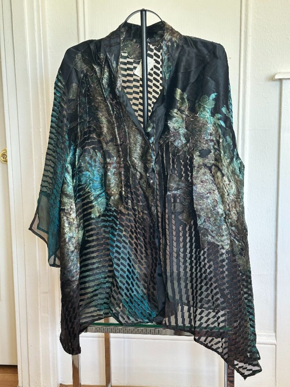 Dressori Silk Blend Sheer Kimono Jacket 3X | Abstract Teal Black Burnout